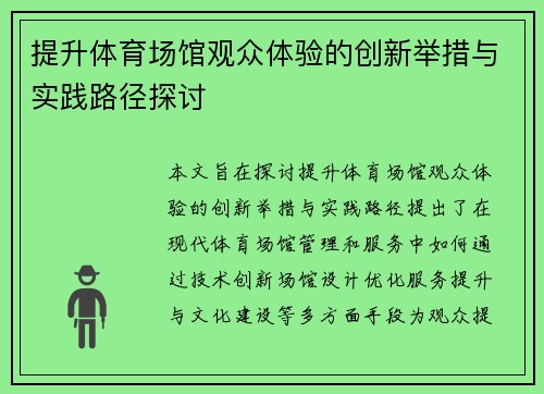 提升体育场馆观众体验的创新举措与实践路径探讨